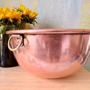 Antique 10” Copper Mixing Bowl with Brass Handle and Rounded Bottom